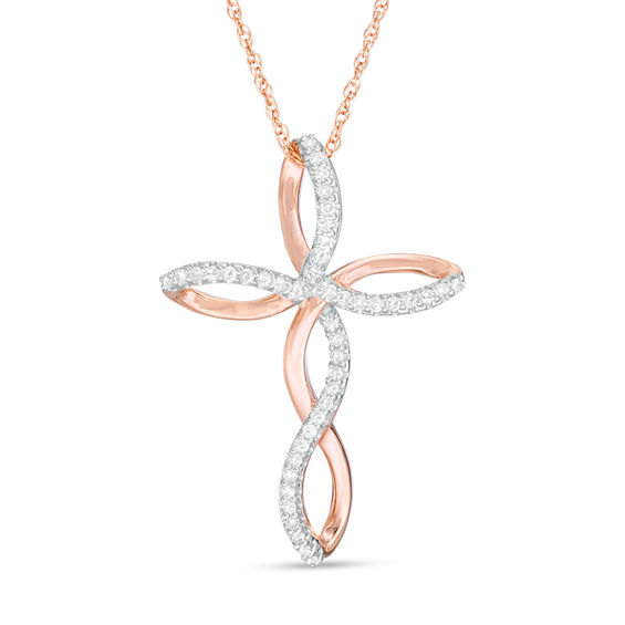 1/10 CT. T.w. Diamond Twist Cross Pendant in 10K Rose Gold