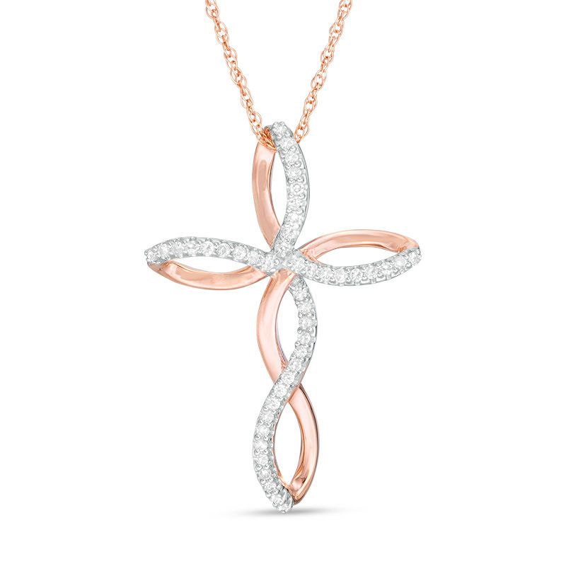 1/10 CT. T.W. Diamond Twist Cross Pendant in 10K Rose Gold