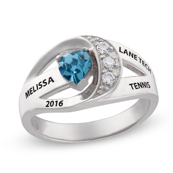 Simulated Birthstone and Cubic Zirconia Bypass Class Ring in Sterling Silver (1 Stone and 4 Lines)
