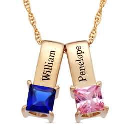 Mother's Princess-Cut Simulated Birthstone Charm Pendant (2 Stones and Names)