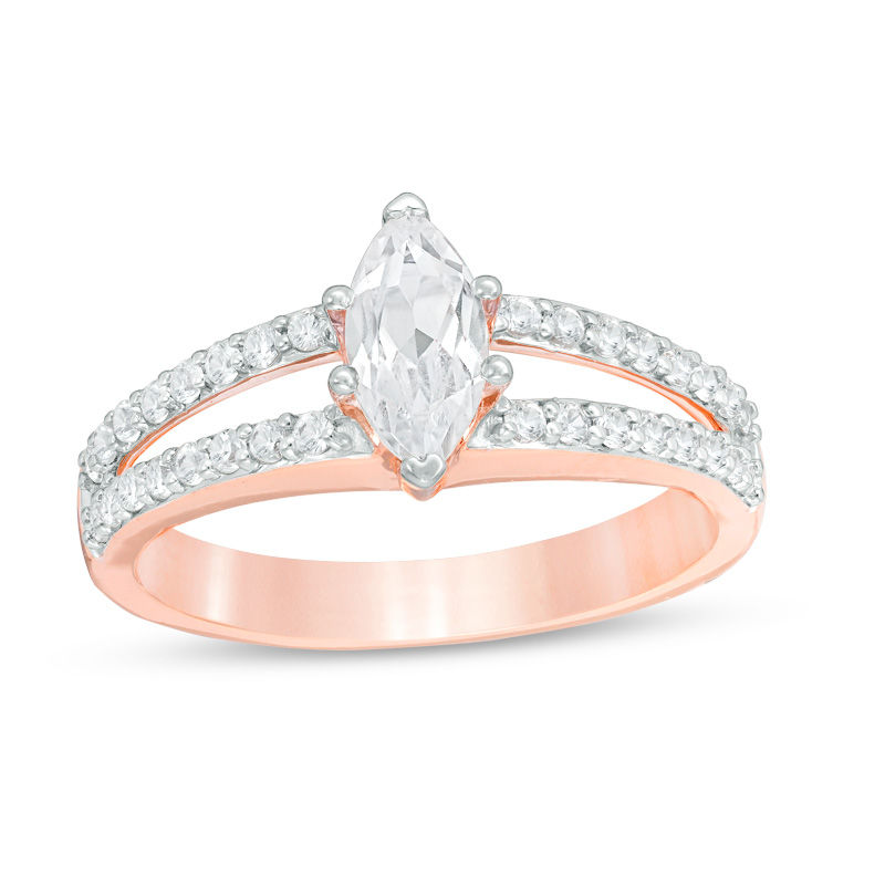 Main Image 1 of Marquise Lab-Created White Sapphire Split Shank Engagement Ring in 10K Rose Gold