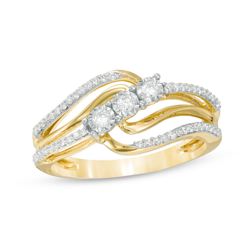 Main Image 1 of 1/4 CT. T.W. Diamond Three Stone Bypass Ring in 10K Gold