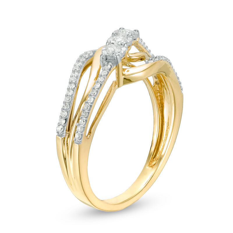 Main Image 2 of 1/4 CT. T.W. Diamond Three Stone Bypass Ring in 10K Gold