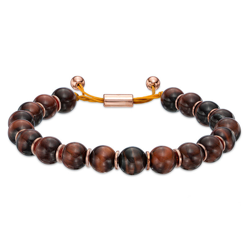 Men's 10.5mm Red Tiger's Eye Bead Bolo Bracelet in Sterling Silver with Rose Rhodium - 10"