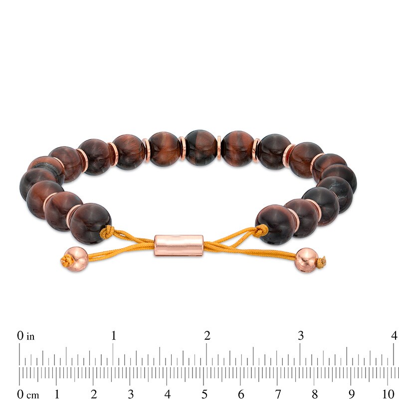 Men's 10.5mm Red Tiger's Eye Bead Bolo Bracelet in Sterling Silver with Rose Rhodium - 10"