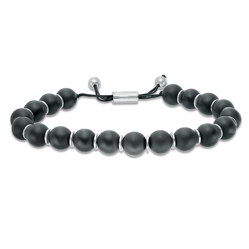 Main Image 1 of Men's 10.0mm Onyx Bead Bolo Bracelet in Sterling Silver - 10"