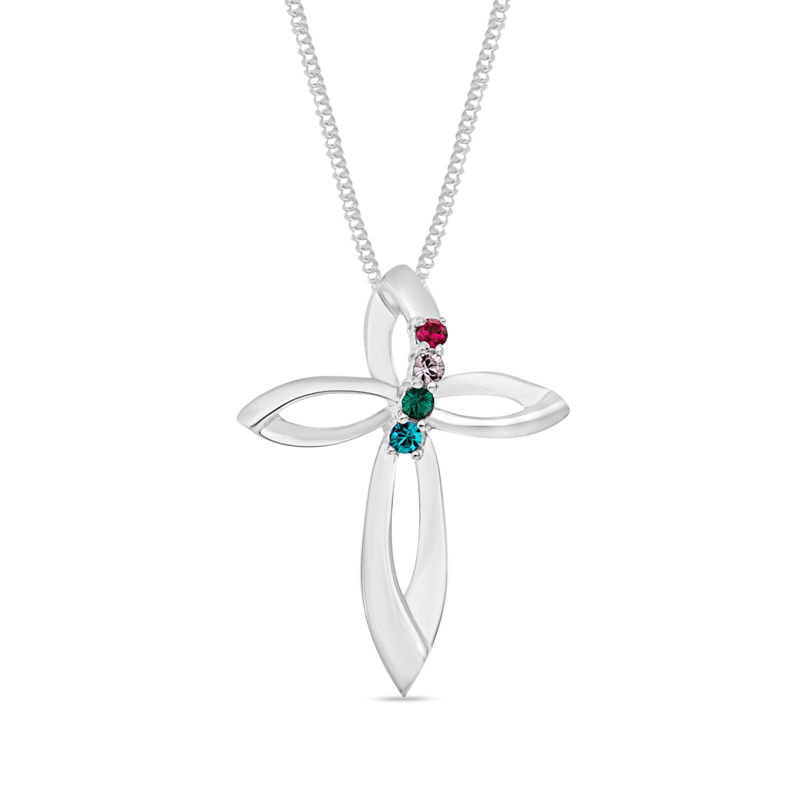 Mother's Simulated Birthstone Looping Cross Pendant in Sterling Silver (1-4 Stones)