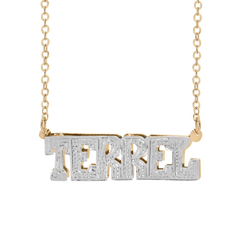 Zales Uppercase Block Letter Charm Name Necklace in Sterling Silver with 14K Gold Plate (1 Line)