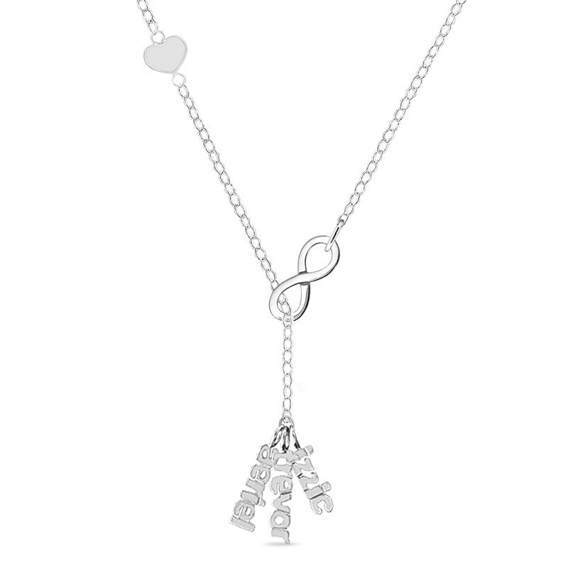Main Image 1 of Mother's Name Charm with Heart Station Infinity Lariat-Style Necklace in Sterling Silver (3 Names)
