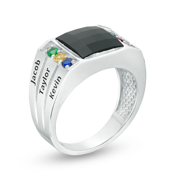 10.0mm Square Onyx and Birthstone Triple Row Ring (6 Stones and Names)