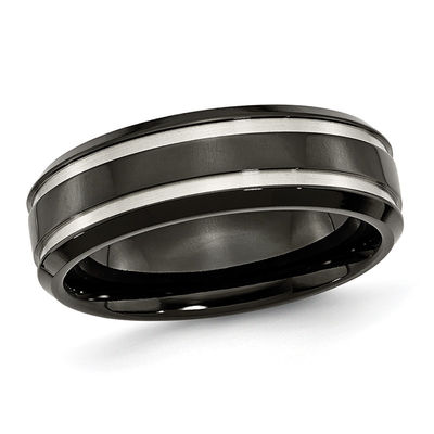 Black Titanium His & Hers Engagement Wedding Band Ring Sets Polished Ridge Edge 