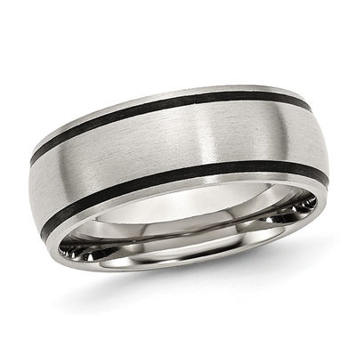 Men S 8 0mm Black Accent Striped Brushed Wedding Band In Stainless Steel Zales