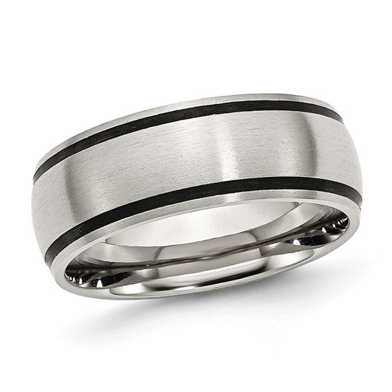 8.0mm Black Accent Striped Brushed Wedding Band in Stainless Steel