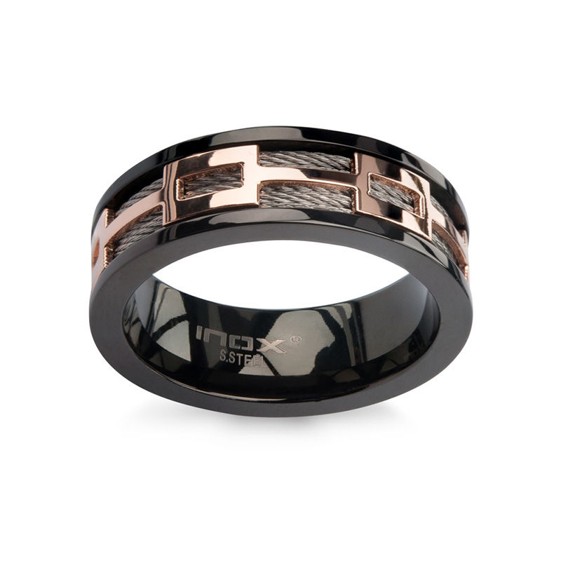 Men's 8.0mm Cable and Geometric Spinner Band in Tri-Toned IP Stainless Steel