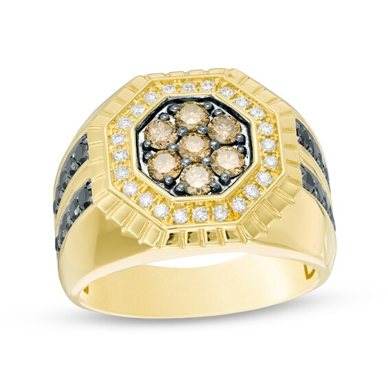 1-1/2 CT. T.w. Hexagon Champagne Multi-Diamond with Black and White Diamond Frame Signet Ring in 10K Gold