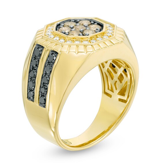 1-1/2 CT. T.w. Hexagon Champagne Multi-Diamond with Black and White Diamond Frame Signet Ring in 10K Gold