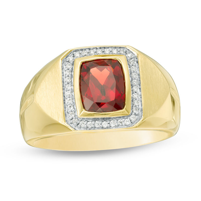 Main Image 1 of Cushion-Cut Garnet and 1/10 CT. T.W. Diamond Frame Signet Ring in 10K Gold