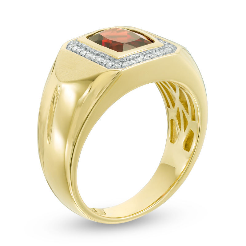 Main Image 2 of Cushion-Cut Garnet and 1/10 CT. T.W. Diamond Frame Signet Ring in 10K Gold