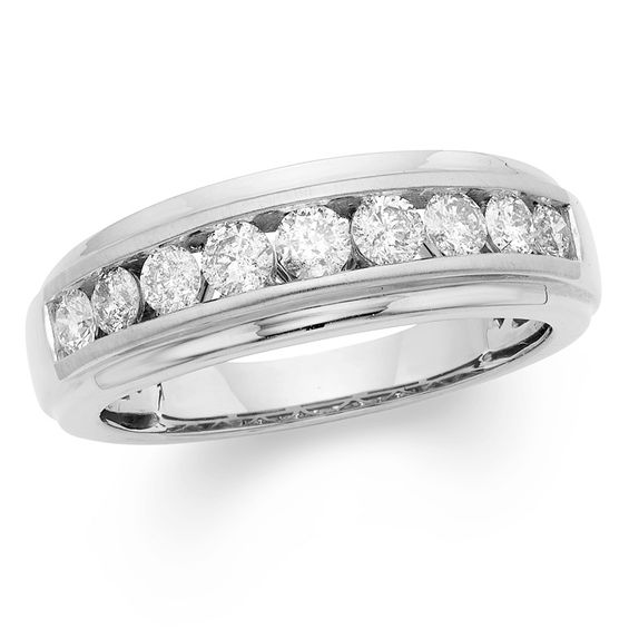 Menâs 1 CT. T.w. Certified Diamond Nine Stone Wedding Band in 14K White Gold (I/I2)