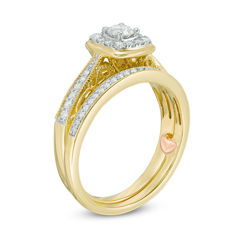 Main Image 2 of 1/2 CT. T.W. Diamond Cushion Frame Vintage-Style Interlocking Bridal Set in 10K Gold