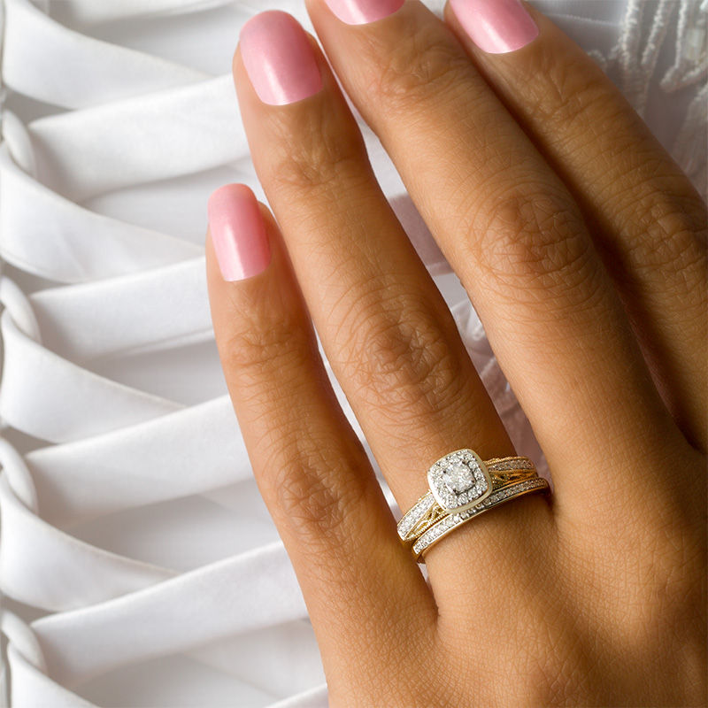 Main Image 3 of 1/2 CT. T.W. Diamond Cushion Frame Vintage-Style Interlocking Bridal Set in 10K Gold