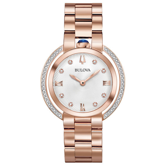 Ladiesâ Bulova Rubaiyat 1/5 CT. T.w. Diamond Rose-Tone Watch with Silver-White Dial (Model: 98R248)