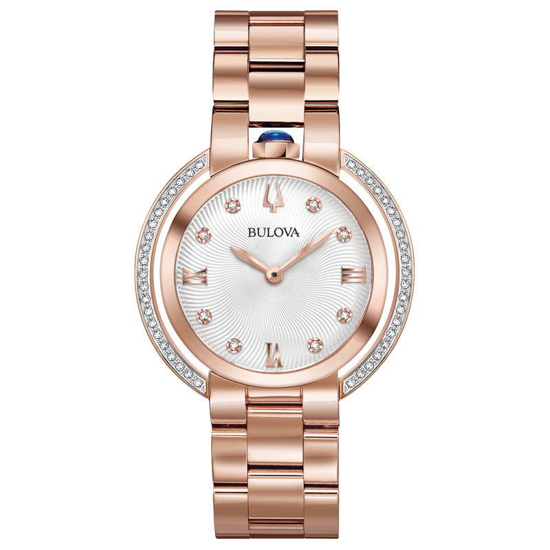 Main Image 1 of Ladies’ Bulova Rubaiyat 1/5 CT. T.W. Diamond Rose-Tone Watch with Silver-White Dial (Model: 98R248)