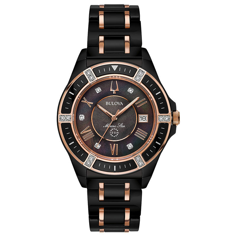 Main Image 1 of Ladies' Bulova Marine Star Diamond Accent Two-Tone Ceramic Watch with Black Mother-of-Pearl Dial (Model: 98R242)