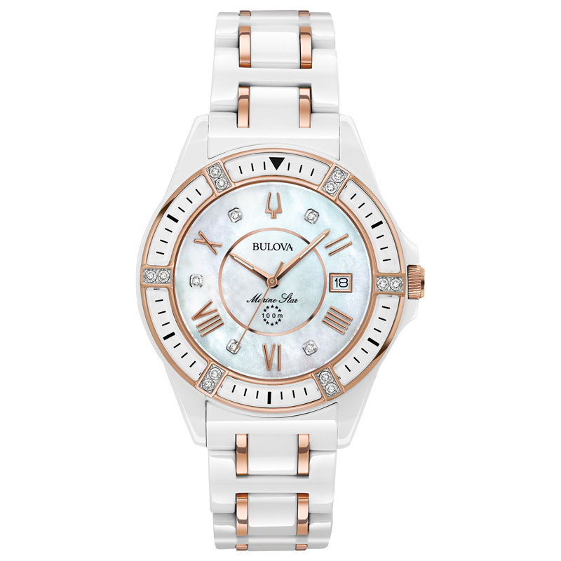 Main Image 1 of Ladies' Bulova Marine Star Diamond Accent Two-Tone Ceramic Watch with Mother-of-Pearl Dial (Model: 98R241)