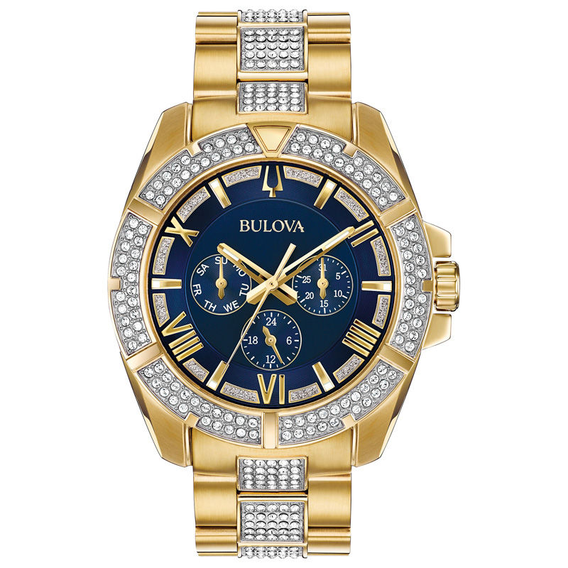 Men's Bulova Octava Crystal Accent Gold-Tone Watch with Blue Dial