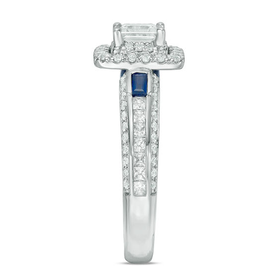 Vera Wang Love Collection 1-1/5 CT. T.w. Emerald-Cut Diamond and Blue Sapphire Engagement Ring in 14K White Gold