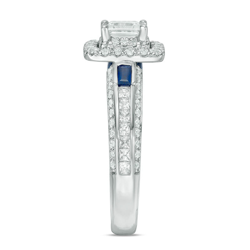Main Image 4 of Vera Wang Love Collection 1-1/5 CT. T.W. Emerald-Cut Diamond and Blue Sapphire Engagement Ring in 14K White Gold