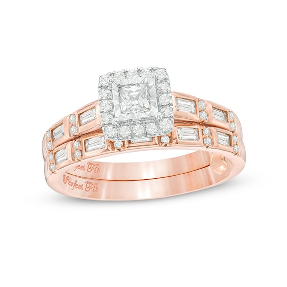 5/8 CT. T.w. Princess-Cut Diamond Frame Interlocking Bridal Set in 10K Rose Gold