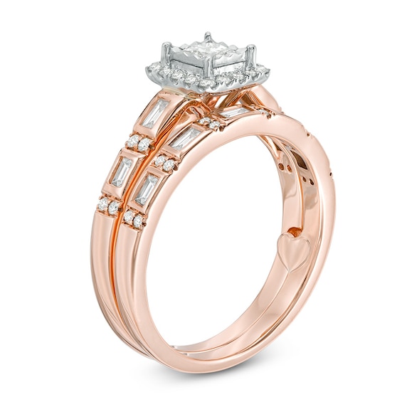 5/8 CT. T.w. Princess-Cut Diamond Frame Interlocking Bridal Set in 10K Rose Gold