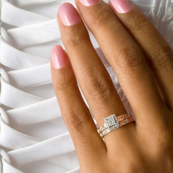5/8 CT. T.w. Princess-Cut Diamond Frame Interlocking Bridal Set in 10K Rose Gold