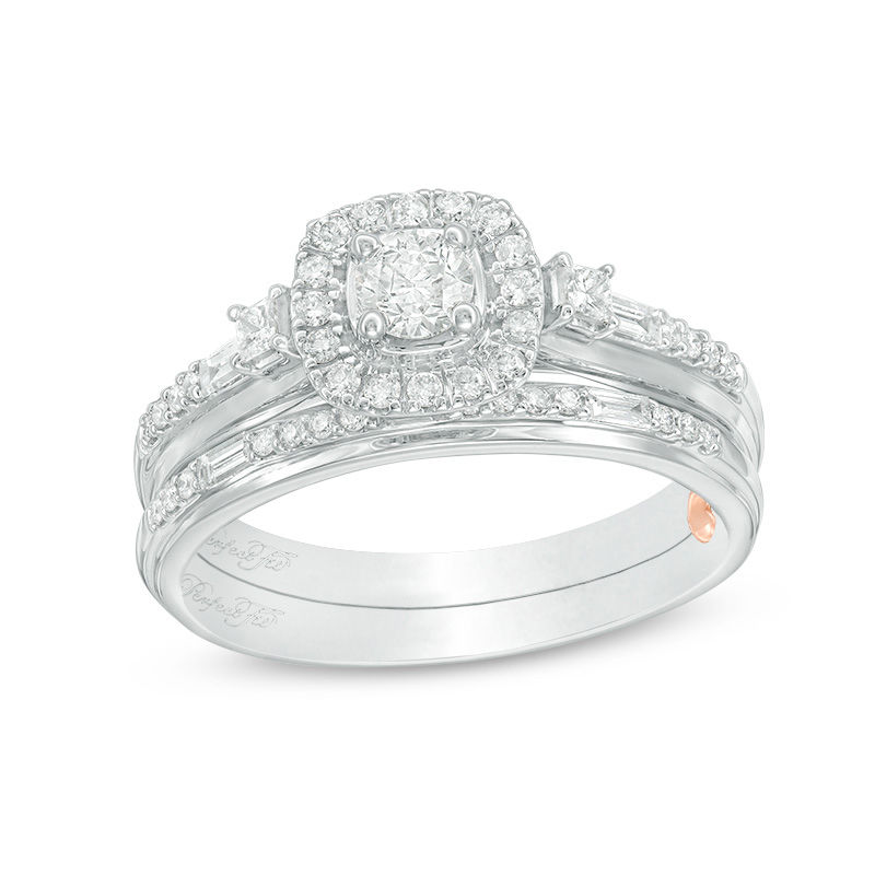 Main Image 1 of 5/8 CT. T.W. Diamond Cushion Frame Interlocking Bridal Set in 10K White Gold