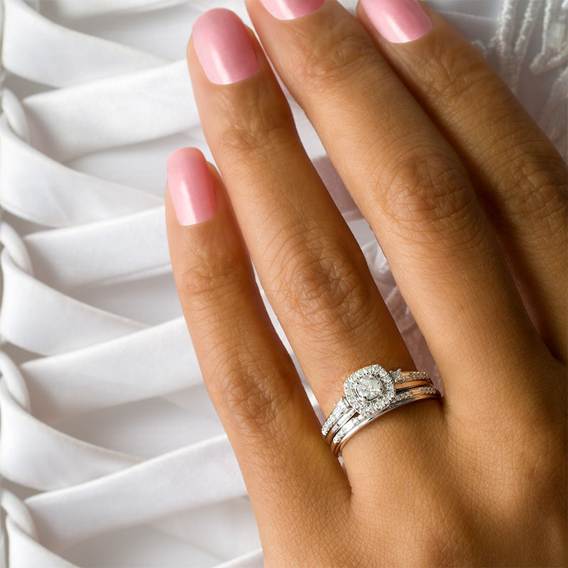 Main Image 3 of 5/8 CT. T.W. Diamond Cushion Frame Interlocking Bridal Set in 10K White Gold