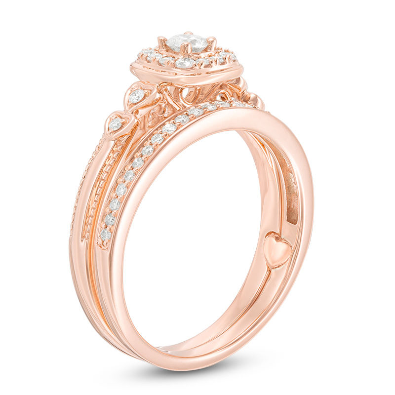 Main Image 2 of 3/8 CT. T.W. Diamond Cushion Frame Interlocking Bridal Set in 10K Rose Gold