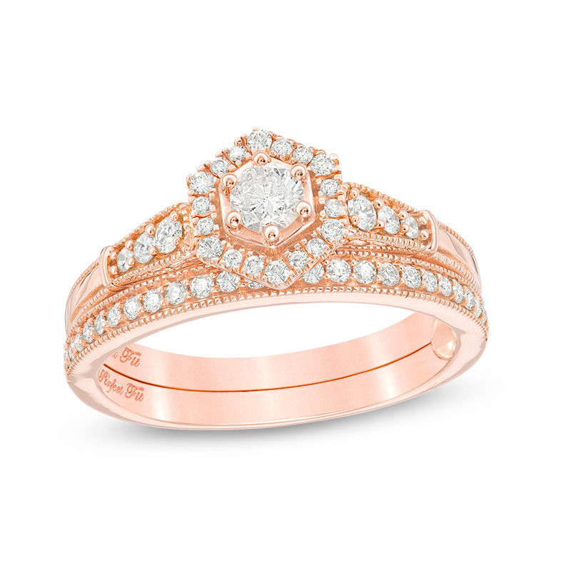 Main Image 1 of 1/2 CT. T.W. Diamond Hexagon Frame Vintage-Style Interlocking Bridal Set in 10K Rose Gold