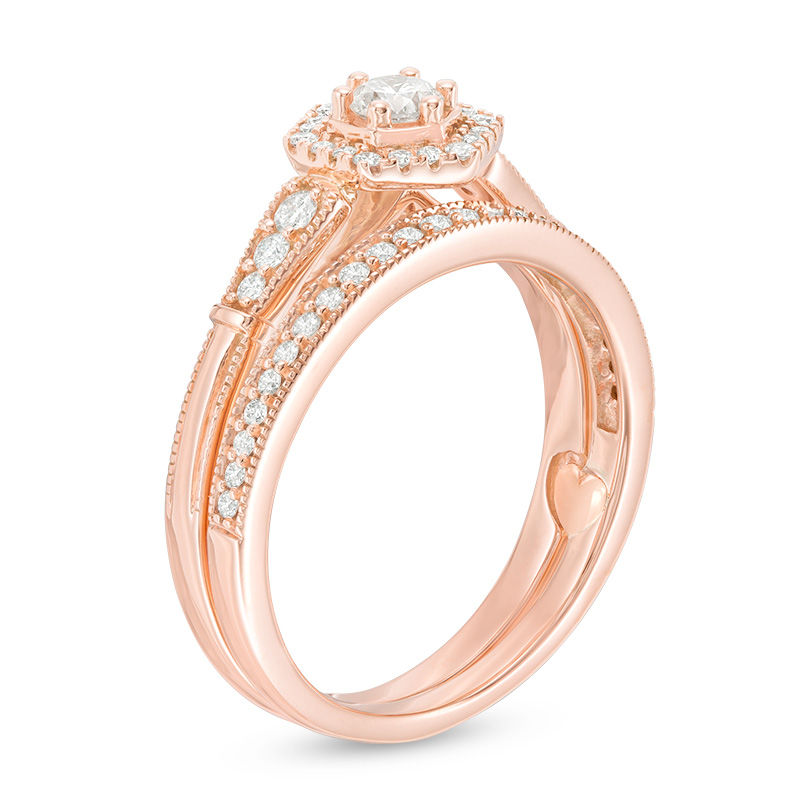 Main Image 2 of 1/2 CT. T.W. Diamond Hexagon Frame Vintage-Style Interlocking Bridal Set in 10K Rose Gold