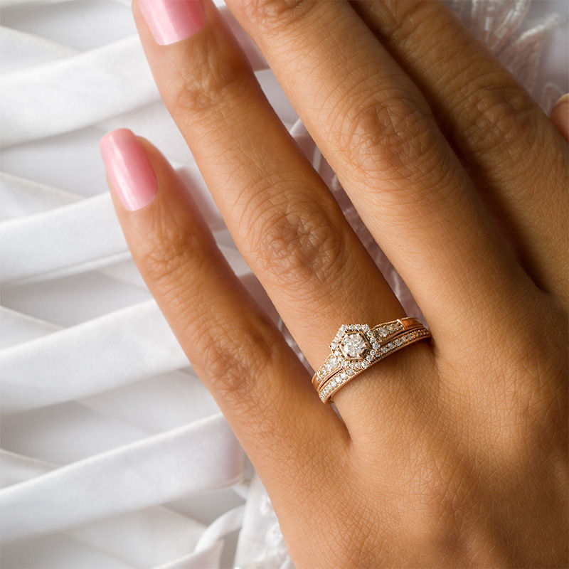 Main Image 3 of 1/2 CT. T.W. Diamond Hexagon Frame Vintage-Style Interlocking Bridal Set in 10K Rose Gold