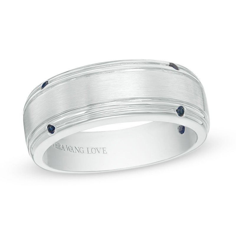 Main Image 1 of Vera Wang Men's Blue Sapphire Four Stone Wedding Band in 14K White Gold