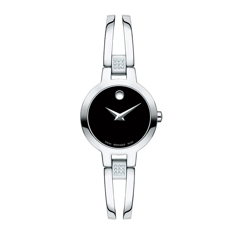 Main Image 1 of Ladies' Movado Amorosa® 1/15 CT. T.W. Diamond Bangle Watch with Black Dial (Model: 0607154)