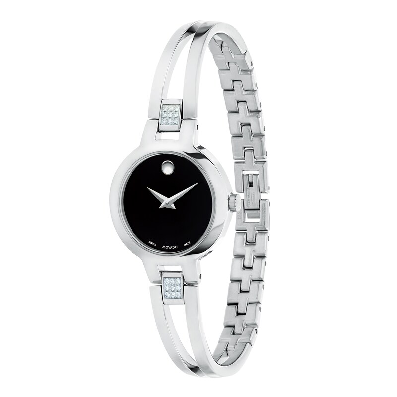 Main Image 2 of Ladies' Movado Amorosa® 1/15 CT. T.W. Diamond Bangle Watch with Black Dial (Model: 0607154)