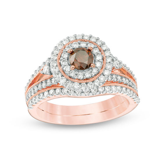 1-1/4 CT. T.w. Enhanced Champagne and White Diamond Double Frame Vintage-Style Bridal Set in 14K Rose Gold