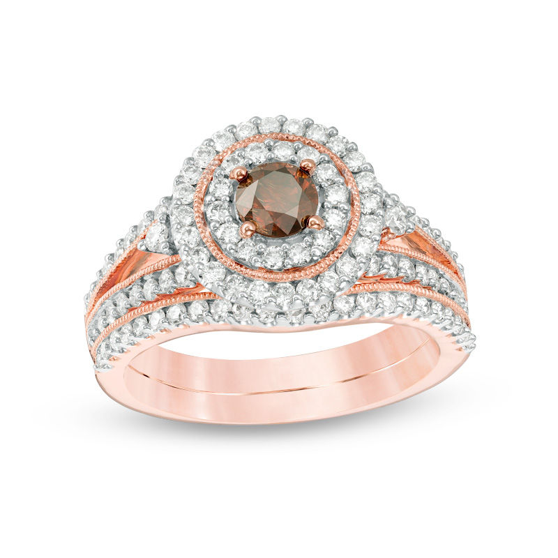 1-1/4 CT. T.W. Enhanced Champagne and White Diamond Double Frame Vintage-Style Bridal Set in 14K Rose Gold