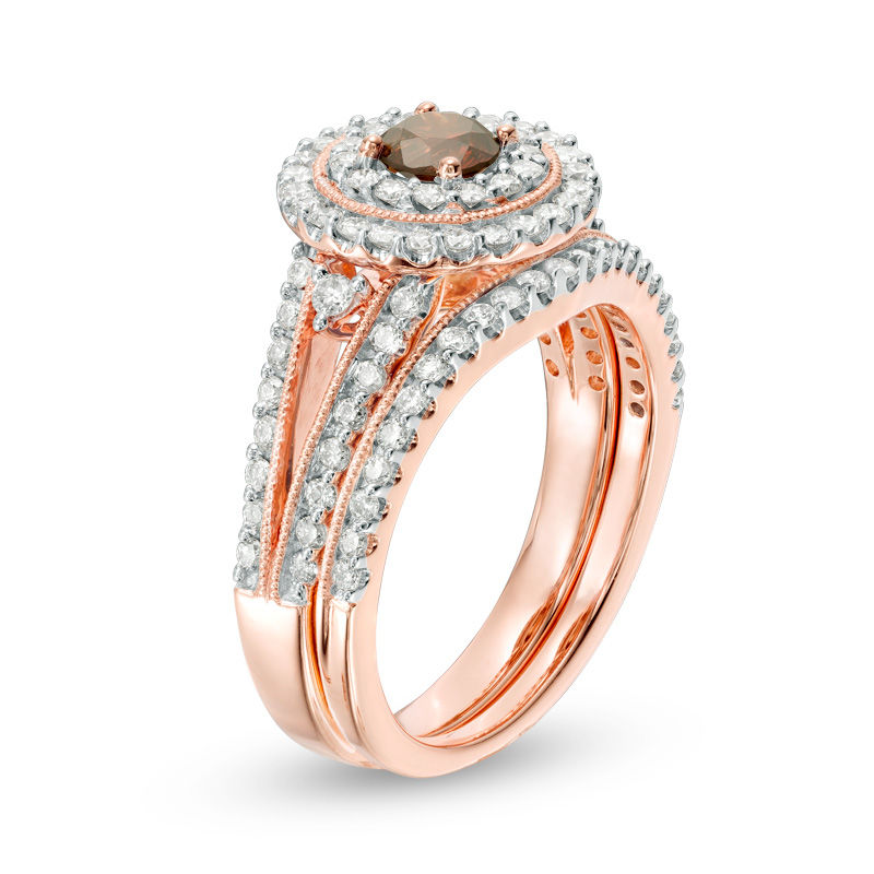 1-1/4 CT. T.W. Enhanced Champagne and White Diamond Double Frame Vintage-Style Bridal Set in 14K Rose Gold