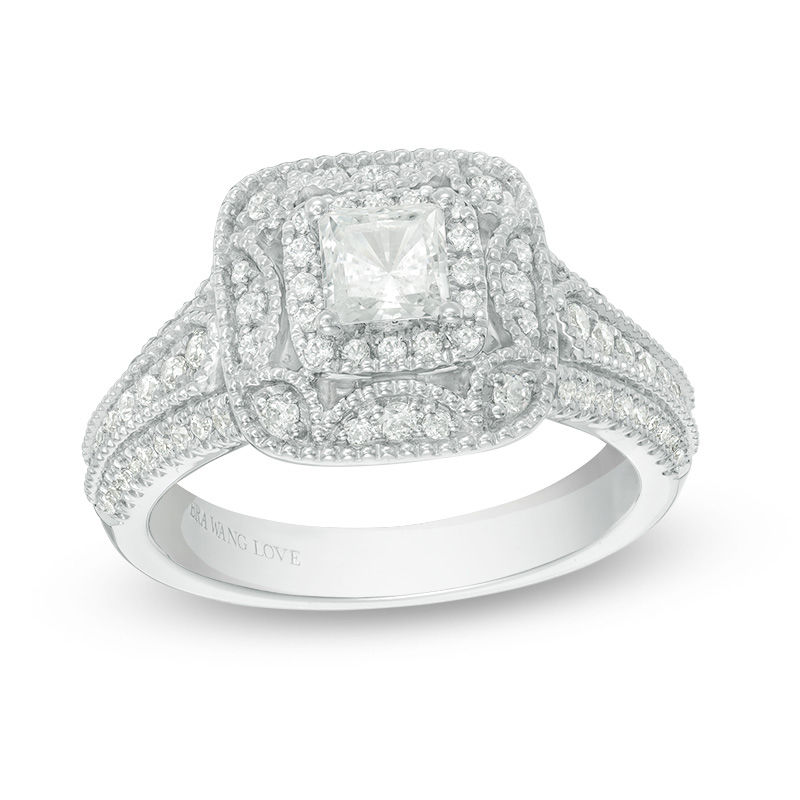 Main Image 1 of Vera Wang Love Collection 1 CT. T.W. Princess-Cut Diamond Frame Vintage-Style Engagement Ring in 14K White Gold