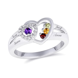 Mother's Birthstone and White Sapphire Double Heart Split Shank Ring (2-4 Stones and Names)