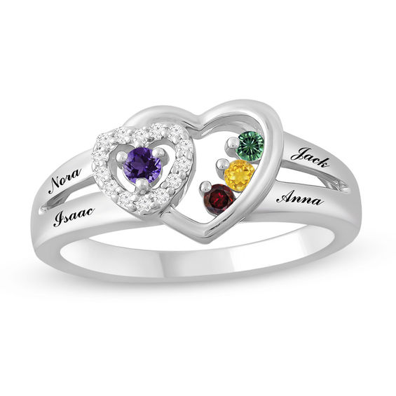 Mother's Birthstone and White Sapphire Double Heart Split Shank Ring (2-4 Stones and Names)